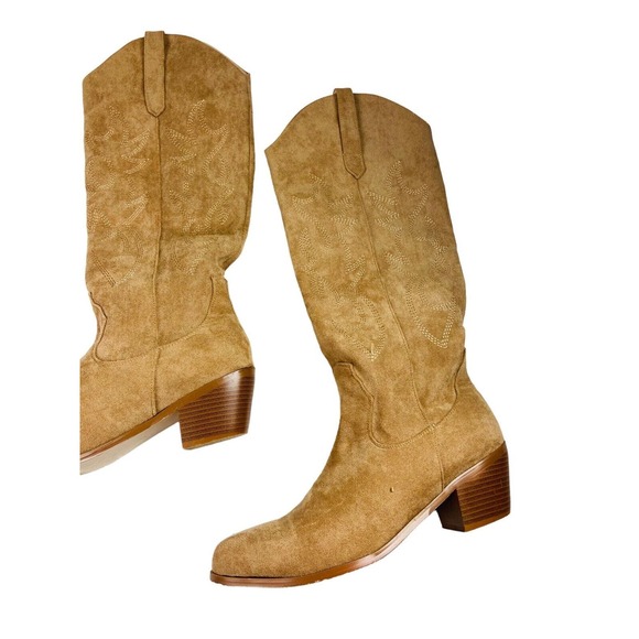 Womens Faux Leather Knee High Block Heels Western Cowboy Work Boots Tan Size 41 - Picture 8 of 13